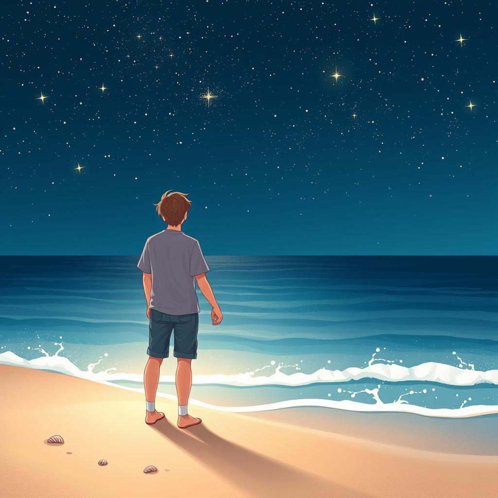 A beautiful visual illustration of a teenage couple standing at the edge of a beach, holding hands and gazing up at the stars in a clear night sky