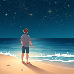 A beautiful visual illustration of a teenage couple standing at the edge of a beach, holding hands and gazing up at the stars in a clear night sky