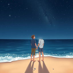 A beautiful visual illustration of a teenage couple standing at the edge of a beach, holding hands and gazing up at the stars in a clear night sky
