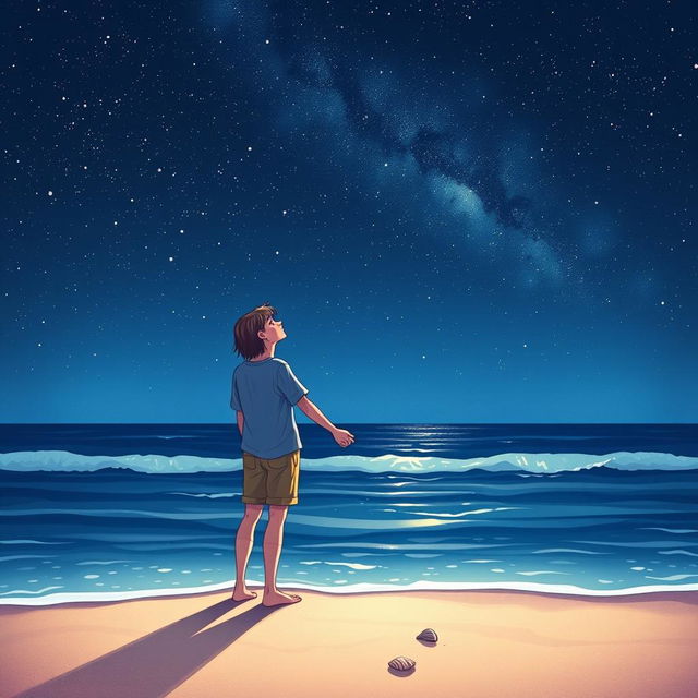 A beautiful visual illustration of a teenage couple standing at the edge of a beach, holding hands and gazing up at the stars in a clear night sky