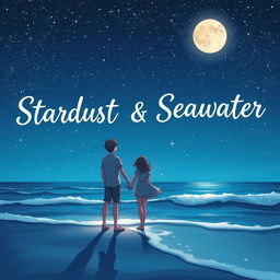 A beautiful visual illustration of a teenage couple standing hand in hand at the edge of a beach, gazing at a starry night sky filled with twinkling stars