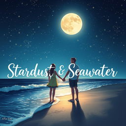 A beautiful visual illustration of a teenage couple standing hand in hand at the edge of a beach, gazing at a starry night sky filled with twinkling stars