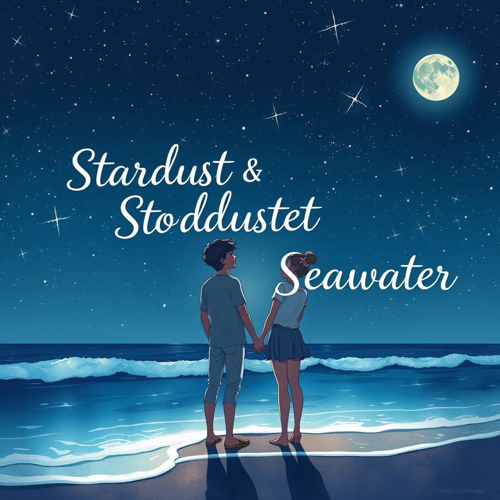 A beautiful visual illustration of a teenage couple standing hand in hand at the edge of a beach, gazing at a starry night sky filled with twinkling stars