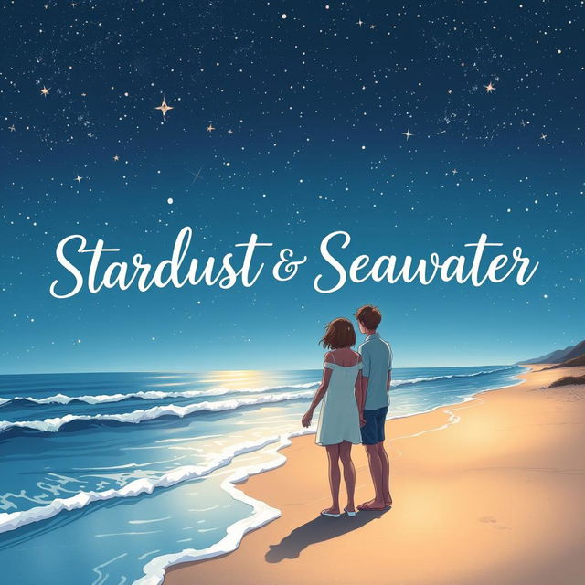 A beautiful visual illustration of a teenage couple standing hand in hand at the edge of a beach, gazing at a starry night sky filled with twinkling stars