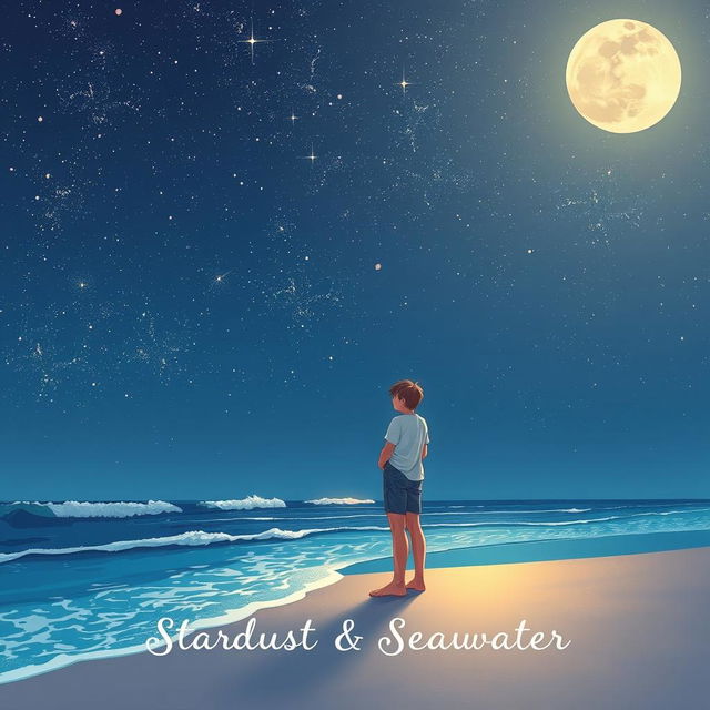 A beautiful visual illustration of a teenage couple standing at the edge of a beach, gazing up at a clear night sky filled with twinkling stars and a stunning array of constellations