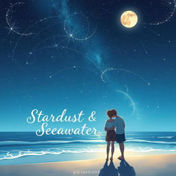 A beautiful visual illustration of a teenage couple standing at the edge of a beach, gazing up at a clear night sky filled with twinkling stars and a stunning array of constellations