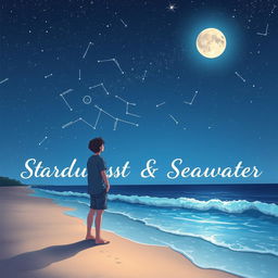 A beautiful visual illustration of a teenage couple standing at the edge of a beach, gazing up at a clear night sky filled with twinkling stars and a stunning array of constellations