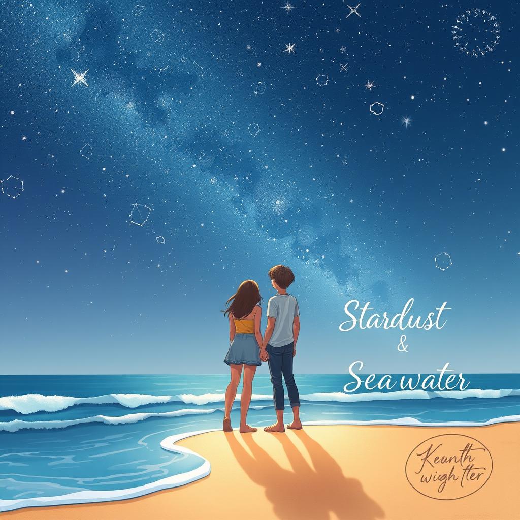 A beautiful visual illustration of a teenage couple standing at the edge of a beach, gazing up at a clear night sky filled with twinkling stars and a stunning array of constellations