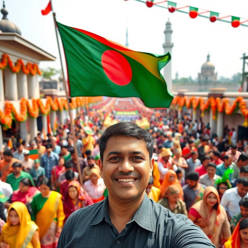 A vibrant celebration of Bangladesh Victory Day 2024, featuring the national flag of Bangladesh prominently displayed