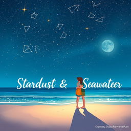 A beautiful visual illustration of a teenage couple standing at the edge of a beach, gazing up at a clear night sky filled with twinkling stars and a stunning array of constellations