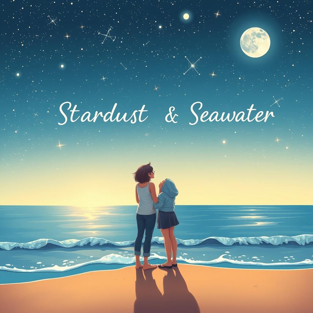 A beautiful visual illustration of a teenage couple standing at the edge of a beach, gazing up at a clear night sky filled with twinkling stars and a stunning array of constellations