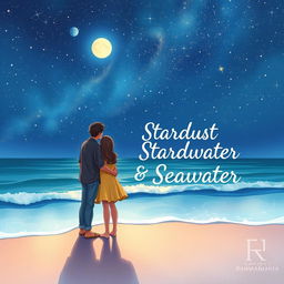 A beautiful visual illustration of a teenage couple standing at the edge of a beach, gazing up at a clear night sky filled with twinkling stars and a stunning array of constellations