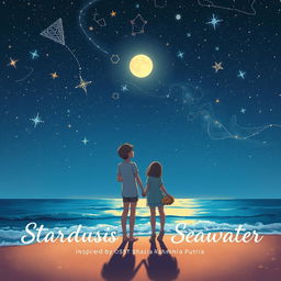 A beautiful visual illustration of a teenage couple standing at the edge of a beach, gazing up at a clear night sky filled with twinkling stars and a stunning array of constellations