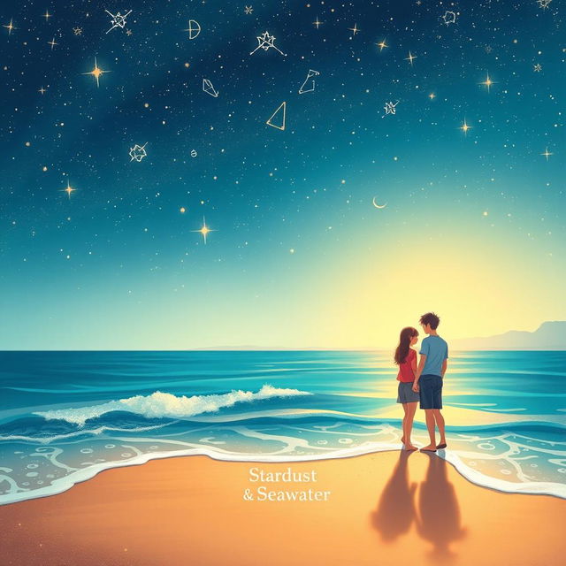 A beautiful visual illustration of a teenage couple standing at the edge of a beach, gazing up at a clear night sky filled with twinkling stars and a stunning array of constellations