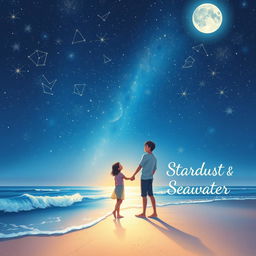 A beautiful visual illustration of a teenage couple standing at the edge of a beach, gazing up at a clear night sky filled with twinkling stars and a stunning array of constellations