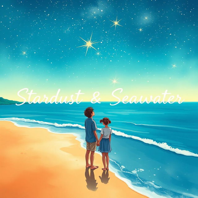 A stunning visual illustration of a teenage couple standing at the edge of a beach, looking up at a breathtaking clear night sky filled with stars