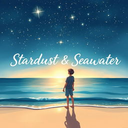 A stunning visual illustration of a teenage couple standing at the edge of a beach, looking up at a breathtaking clear night sky filled with stars