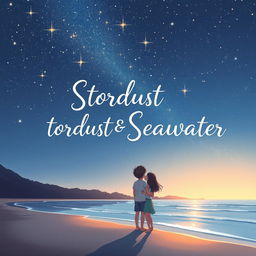 A beautiful visual illustration of a teenage couple standing at the edge of a tranquil beach, gazing up at a stunning clear night sky filled with twinkling stars