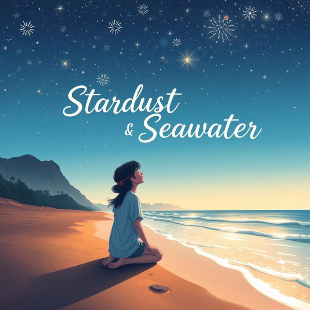 A beautiful visual illustration of a teenage couple standing at the edge of a tranquil beach, gazing up at a stunning clear night sky filled with twinkling stars