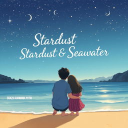 A beautiful visual illustration of a teenage couple standing at the edge of a tranquil beach, gazing up at a stunning clear night sky filled with twinkling stars