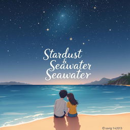 A beautiful visual illustration of a teenage couple standing at the edge of a tranquil beach, gazing up at a stunning clear night sky filled with twinkling stars