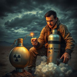 A dramatic scene depicting a man in a tense moment, poised to light a large, stylized nuclear bomb