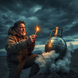 A dramatic scene depicting a man in a tense moment, poised to light a large, stylized nuclear bomb