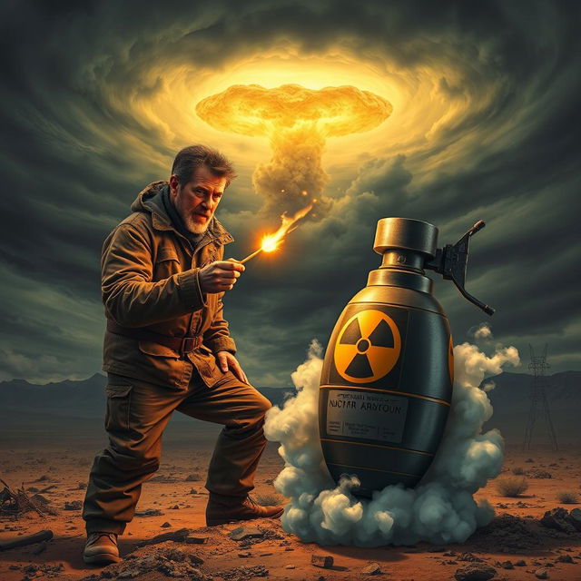 A dramatic scene depicting a man in a tense moment, poised to light a large, stylized nuclear bomb