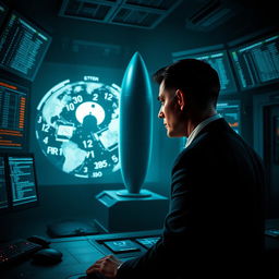 A dramatic scene depicting a man in a high-tech control room, focused intently on a large display showcasing a prominent nuclear bomb