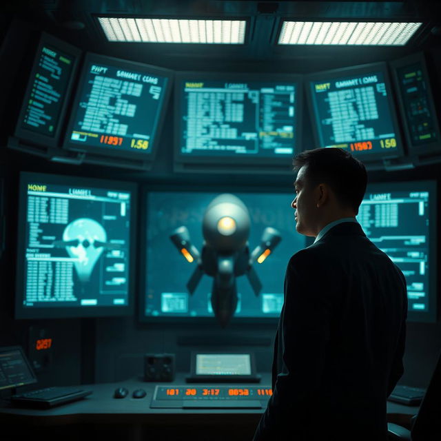 A dramatic scene depicting a man in a high-tech control room, focused intently on a large display showcasing a prominent nuclear bomb