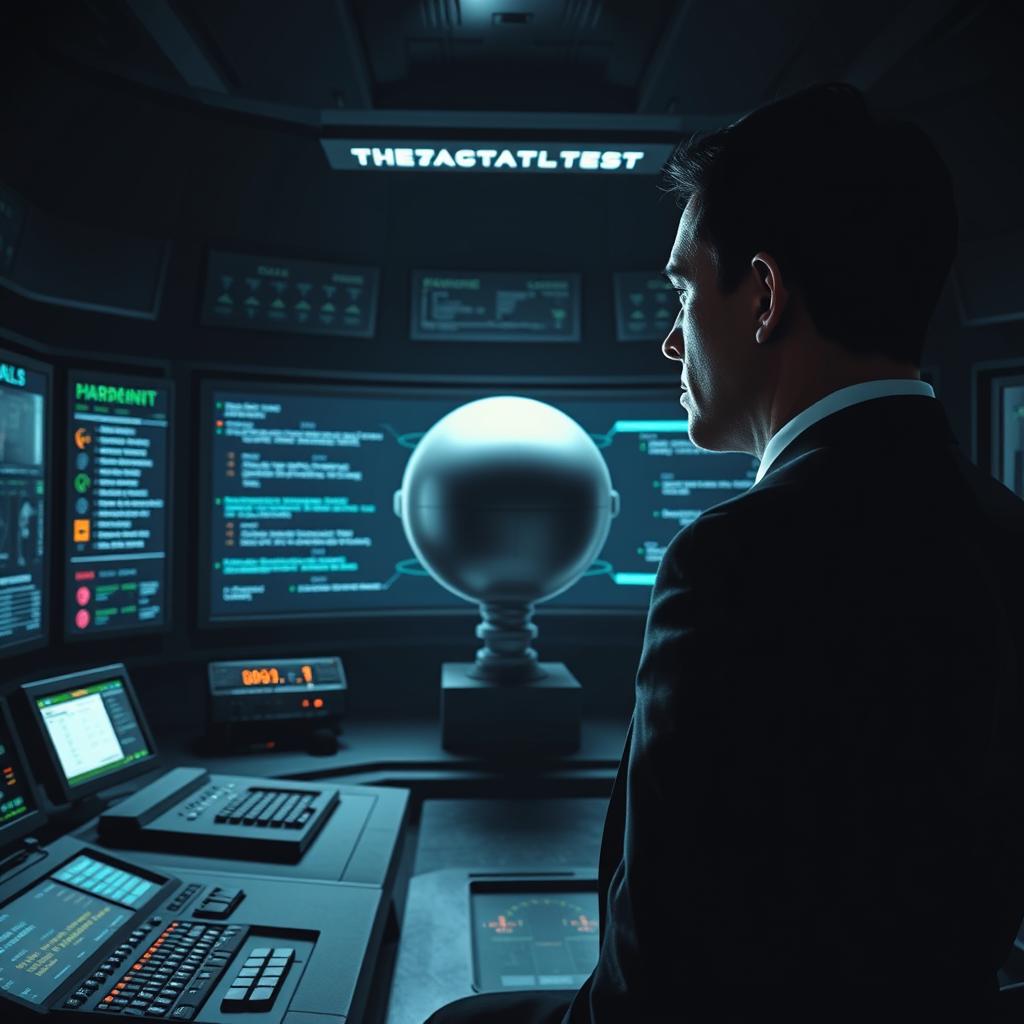 A dramatic scene depicting a man in a high-tech control room, focused intently on a large display showcasing a prominent nuclear bomb