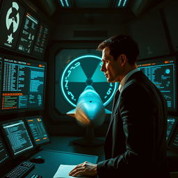 A dramatic scene depicting a man in a high-tech control room, focused intently on a large display showcasing a prominent nuclear bomb