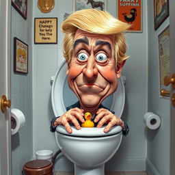 A humorous caricature of a middle-aged man with distinctive blonde hair, exaggerated features resembling a well-known political figure, sitting comically stuck in a toilet