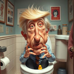 A humorous caricature of a middle-aged man with distinctive blonde hair, exaggerated features resembling a well-known political figure, sitting comically stuck in a toilet