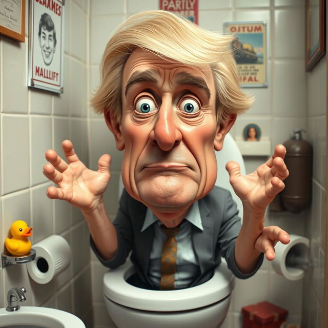 A humorous caricature of a middle-aged man with distinctive blonde hair, exaggerated features resembling a well-known political figure, sitting comically stuck in a toilet