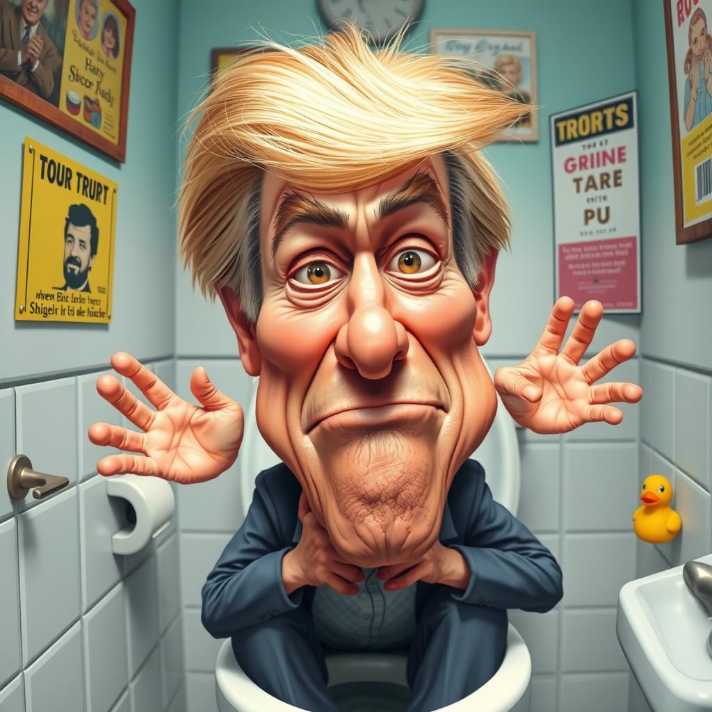 A humorous caricature of a middle-aged man with distinctive blonde hair, exaggerated features resembling a well-known political figure, sitting comically stuck in a toilet