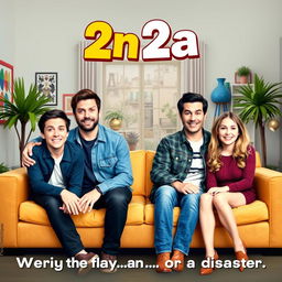 A humorous sitcom poster featuring two identical couples, consisting of two boys and two girls, in a chic flat in Barcelona