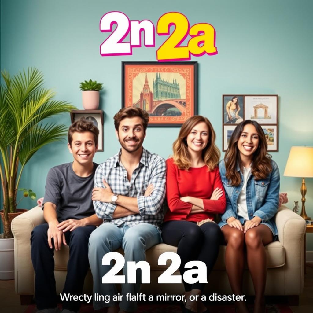 A humorous sitcom poster featuring two identical couples, consisting of two boys and two girls, in a chic flat in Barcelona