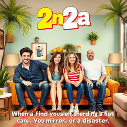 A humorous sitcom poster featuring two identical couples, consisting of two boys and two girls, in a chic flat in Barcelona