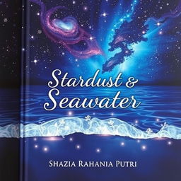 A captivating fantasy book cover featuring a mesmerizing night sky filled with vibrant colors, where deep blue seawater reflects twinkling stars and distant galaxies