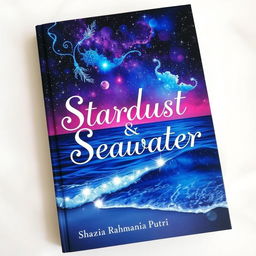 A captivating fantasy book cover featuring a mesmerizing night sky filled with vibrant colors, where deep blue seawater reflects twinkling stars and distant galaxies