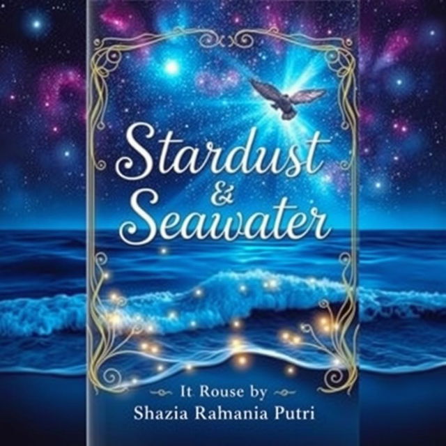 A captivating fantasy book cover featuring a mesmerizing night sky filled with vibrant colors, where deep blue seawater reflects twinkling stars and distant galaxies