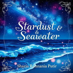 A captivating fantasy book cover featuring a mesmerizing night sky filled with vibrant colors, where deep blue seawater reflects twinkling stars and distant galaxies