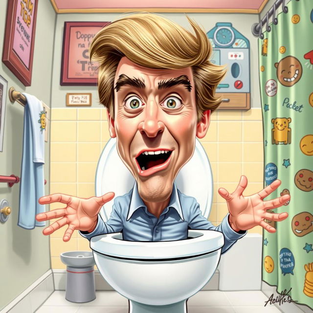 A humorous caricature of a young man with distinctive features resembling Donald Trump Jr