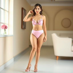 A beautiful Chinese woman wearing a pink bra and underwear, complemented with stylish high heels on her feet