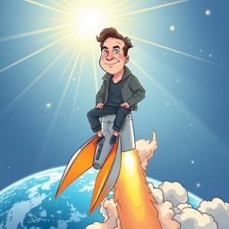 A whimsical illustration of a man with distinctive features resembling Elon Musk, confidently sitting on top of a sleek, futuristic rocket that is launching into space