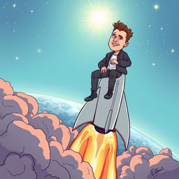 A whimsical illustration of a man with distinctive features resembling Elon Musk, confidently sitting on top of a sleek, futuristic rocket that is launching into space