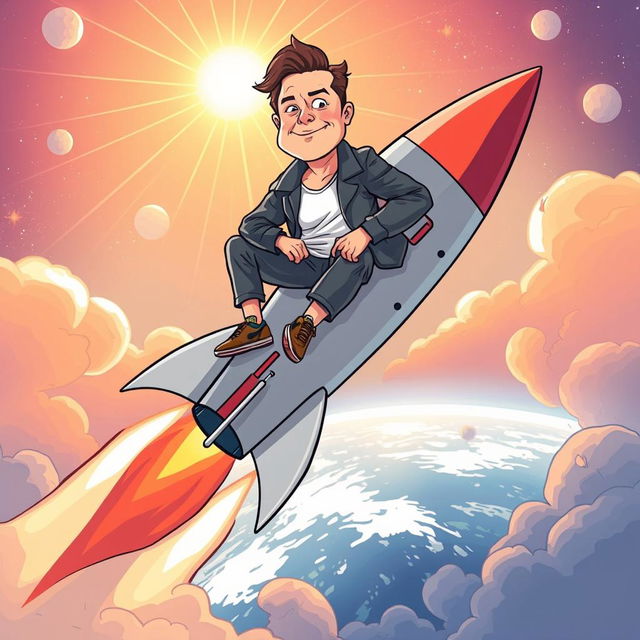 A whimsical illustration of a man with distinctive features resembling Elon Musk, confidently sitting on top of a sleek, futuristic rocket that is launching into space