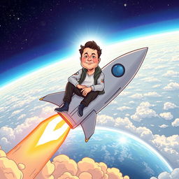 A whimsical illustration of a man with distinctive features resembling Elon Musk, confidently sitting on top of a sleek, futuristic rocket that is launching into space