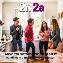 A humorous and vibrant sitcom scene set in a cozy flat in Barcelona, featuring two identical couples: two boys and two girls